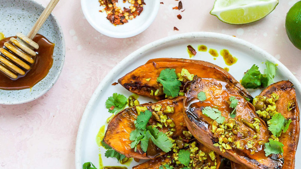 Hot Honey Sauce on Roasted Sweet Potatoes